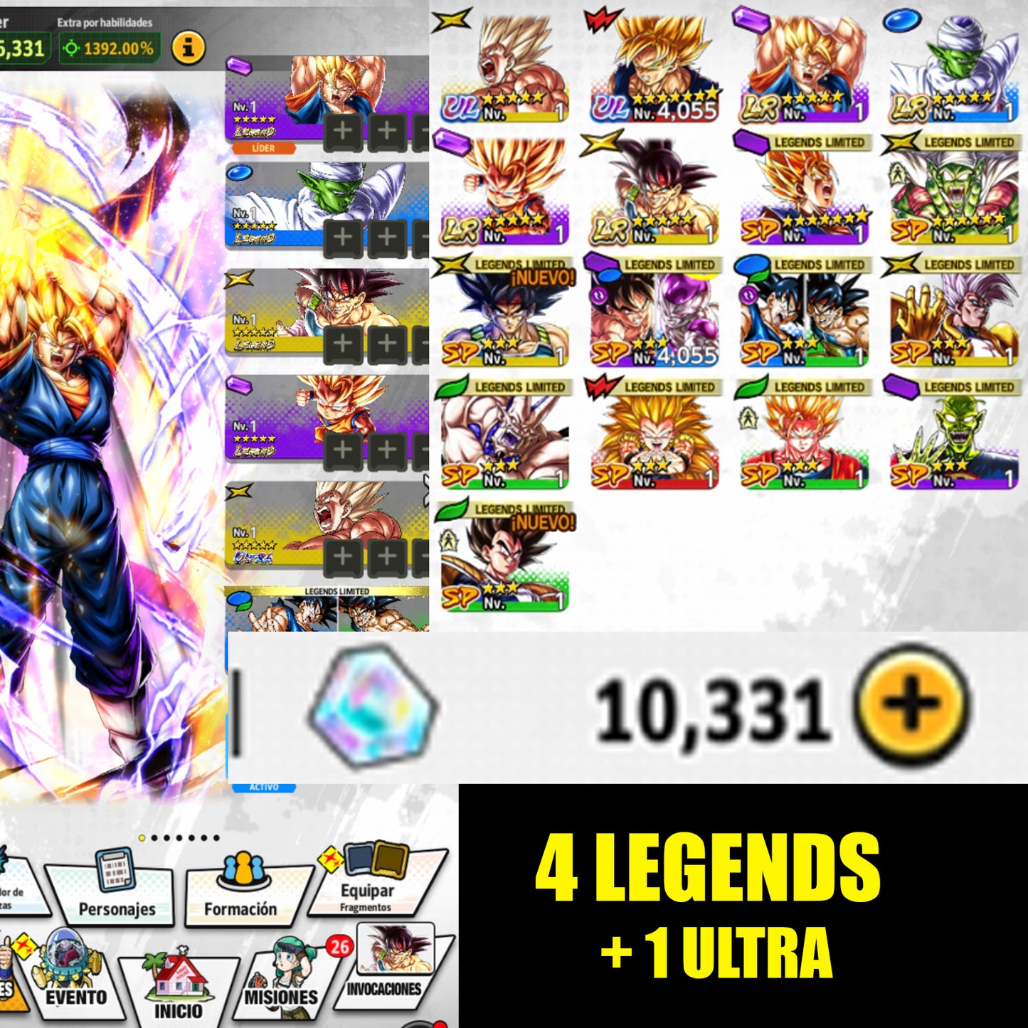 [ANDROID] 10,300 Cronocristales💎1 ULTRA + 4 LEGENDS⭐️ Goku (MINI) , Súper Vegetto + Bardock + Piccolo+  11 LL |DRAGON BALL Legends Cuenta