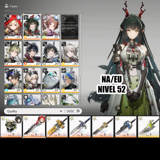 NA/EU Nivel 52 ⭐️Rossi +(ARMA) , Zhuang Fangyi +(ARMA) , Ardelia + Lifeng