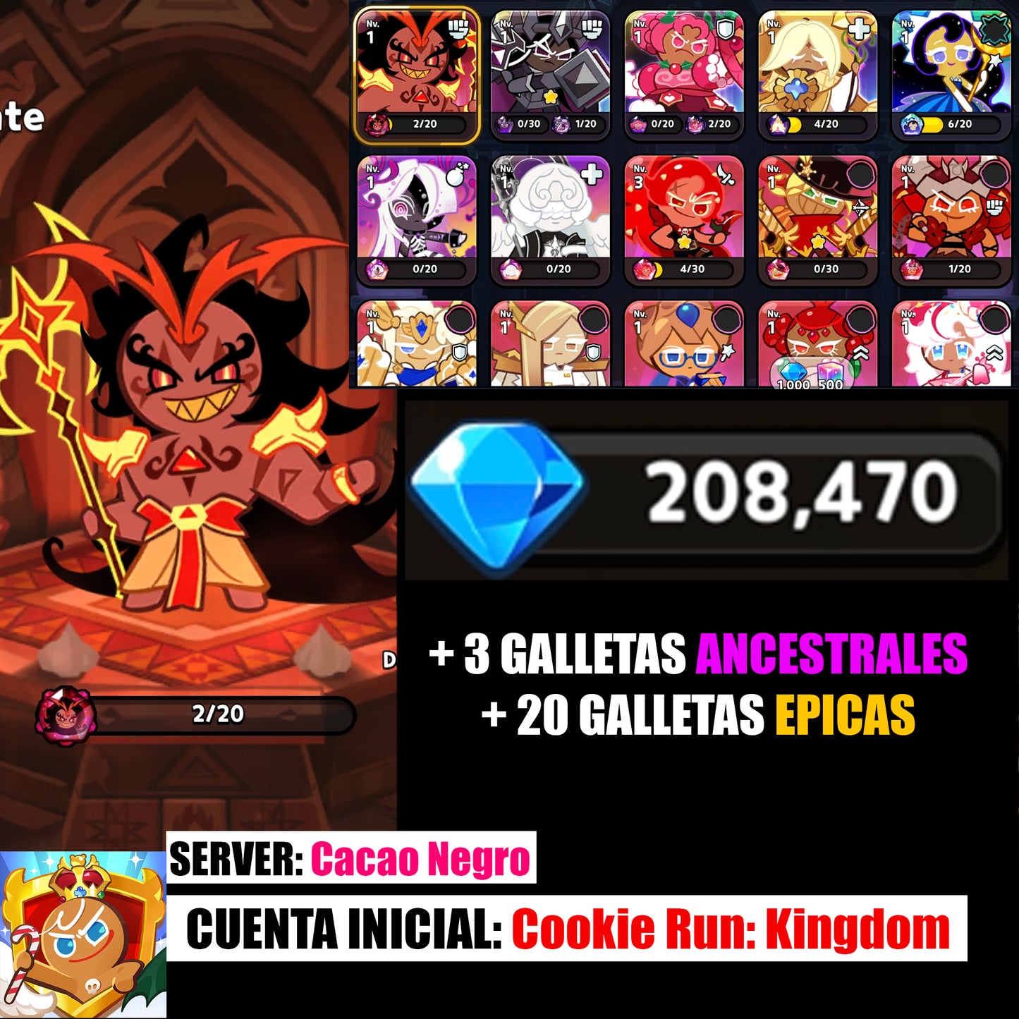 Server Dark Cacao: 200,000+ Gemas 💎 Galleta especia ardiente + 20 galletas epicas | Cookie Run: Kingdom Cuenta inicial Starter Reroll Account