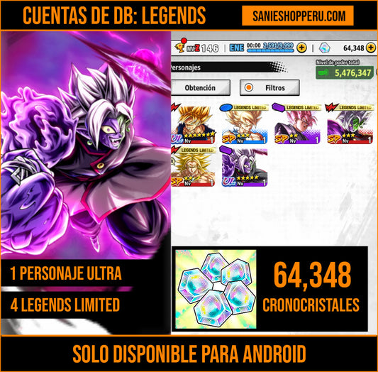 [Android] 💎 64,348 Cronocristales 💎| ⭐️ Zamasu fusionado [ULTRA] | Dragon Ball: Legends Cuenta Reroll