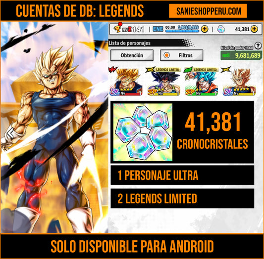 [Android] 41,381  Cronocristales 💎|  ⭐️ Majin Vegeta [ULTRA] | ⭐️ 2 Legends Limited | Dragon Ball: Legends Cuenta Reroll