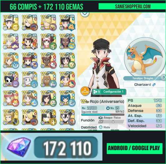 [Android] 172,110💎Gemas ✨ ANIVERSARIO✨Rojo (Aniversario) + Gloria (Aniversario) + Nákara (Aniversario) + Volus (Domador Pokémon) + Cintia (Architraje) + Rojo (Traje S, Rayo)