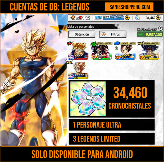 [Android] 34,460  Cronocristales 💎|  ⭐️ Majin Vegeta [ULTRA] | ⭐️ 2 Legends Limited | Dragon Ball: Legends Cuenta Reroll