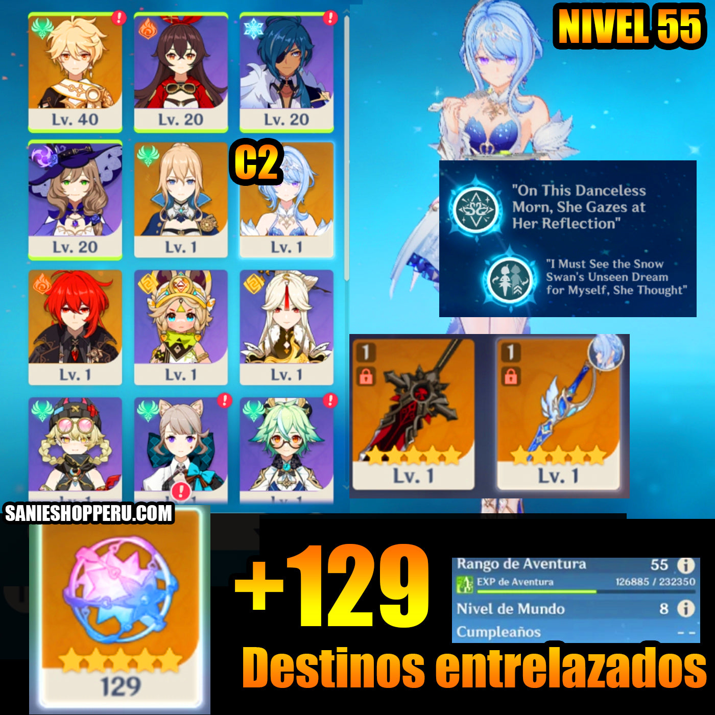 [Nivel 55] ⭐️+129 Deseos + Odette C2 + Arma + Jean + Diluc ⭐️CUMPLEAÑOS LIBRE
