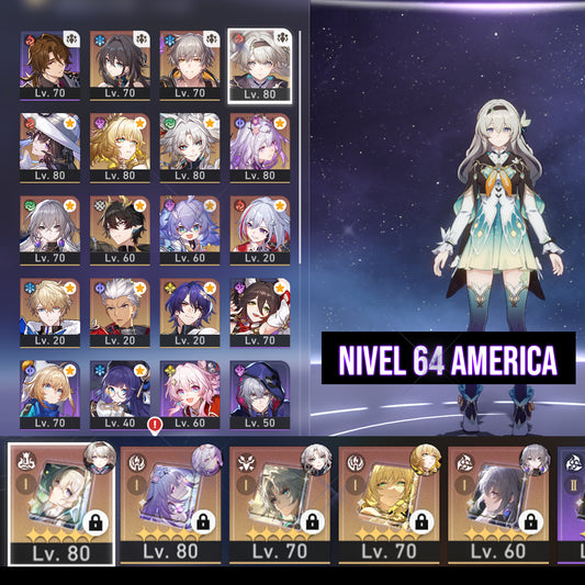 TL 64 SERVER AMERICA⭐️The Dahlia + Firefly +Cono, Aglaea +Cono, Castorice +Cono, Feixiao +CONO, Topaz + Ruan Mei + Archer + Dr Ratio + Bronya + Bailu + Gepard