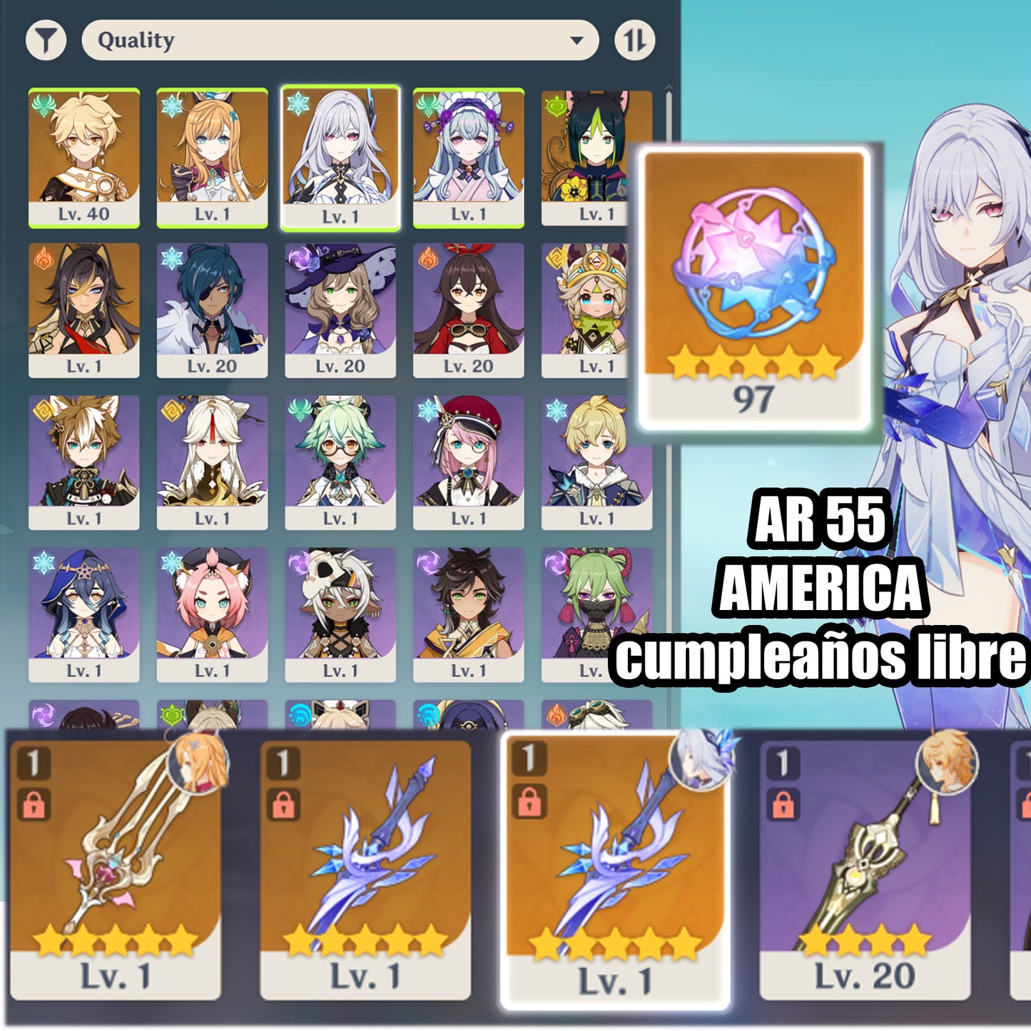 (REROLL + CUMPLEAÑOS LIBRE) Nivel 55 + Skirk + Arma , Escoffier + Arma,  Jean + Tighnari + 98 Destinos Entrelazados ✨