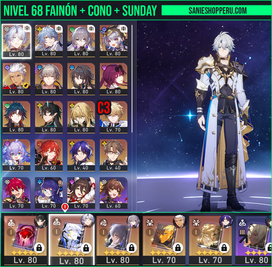 [Nivel 68] Fainón + Cono + Sunday + Cífer + Ruan Mei + Kafka + Blade + Imbibitor Lunae + Luocha + Archer + Dr Ratio + Gepard E3 + Himeko + Bailu + Welt + Bronya