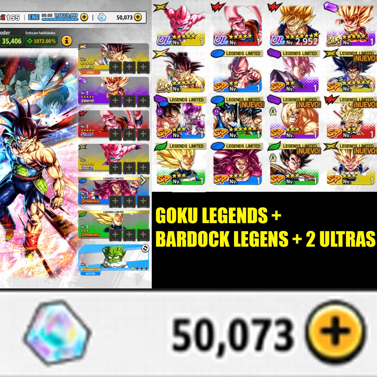 [ANDROID] 50,000 Cronocristales💎2 ULTRAS + 2 LEGENDS⭐️ Goku (MINI)  +  Bardock + 11 LL |DRAGON BALL Legends Cuenta