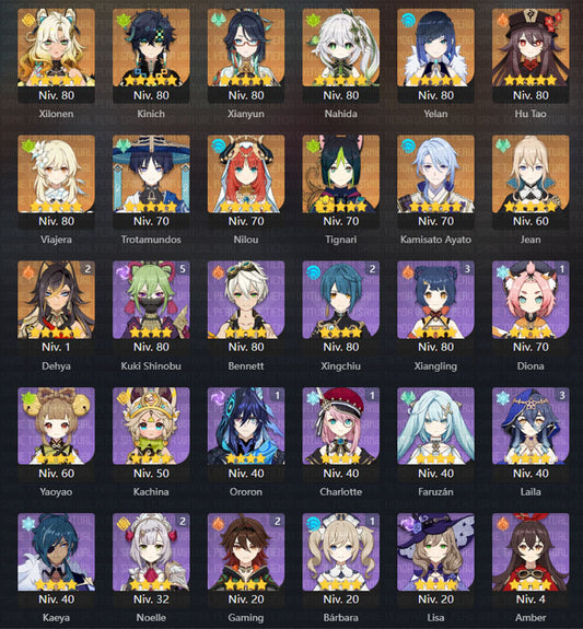 [AR 54] Kinich , Nahida , Xilonen , Xianyun , Yelan , Nilou , Ayato , Trotamundos , Hu Tao , Tighnari , Jean , Dehya