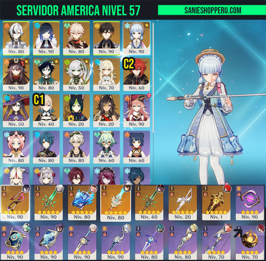 [Nivel 57] Ayaka + Skin⭐ , Zhongli , Kazuha , Yelan , Arlecchino , Nahida , Venti , Hu Tao , Jean C1 , Diluc C2 , Mona , Tighnari , Dehya | 7 Armas 5⭐| SERVER AMERICA|Cuenta Genshin Impact