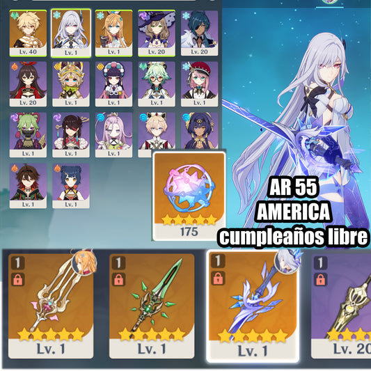 (REROLL + CUMPLEAÑOS LIBRE) Nivel 55 + Skirk + Arma , Escoffier + Arma + 175 Destinos Entrelazados ✨