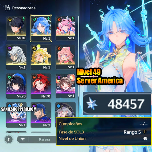 AMERICA|Lvl 49| +48457 Astritas + Qingxiao  + Denia + Verina + Encore + Calcharo|Cumpleaños libre|Wuthering Waves CUENTA REROLL
