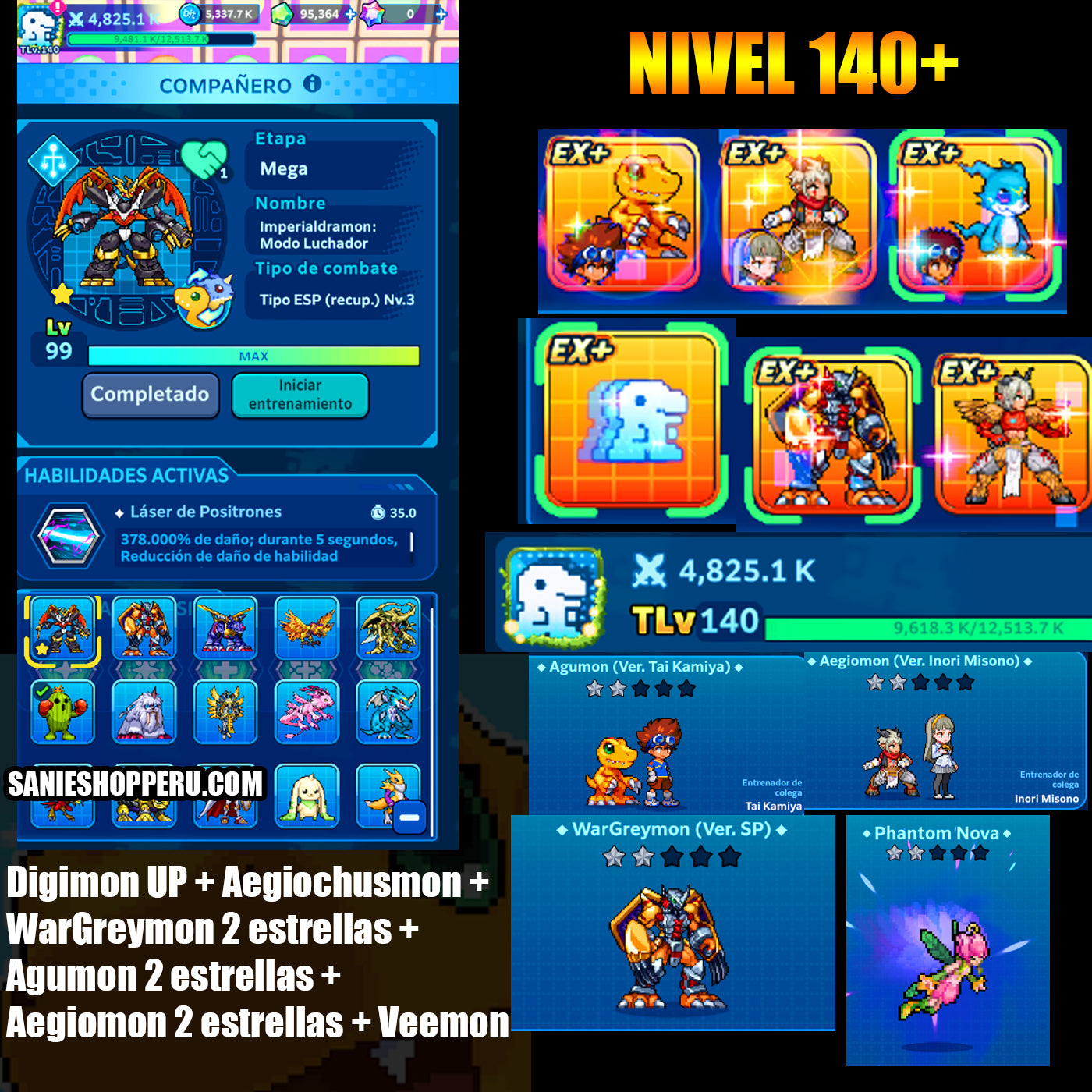 [GLOBAL] Cuenta Premium ~ Lvl 140 + | Cuenta Avanzada|[EX+] WarGreymon +2 [ EX+] Aegiochusmon | [EX+] Agumon + Tai 2+ [EX+] Aegiomon + Inori 2+ [EX+] Veemon + Davis | [EX+] Phantom Nova 2+