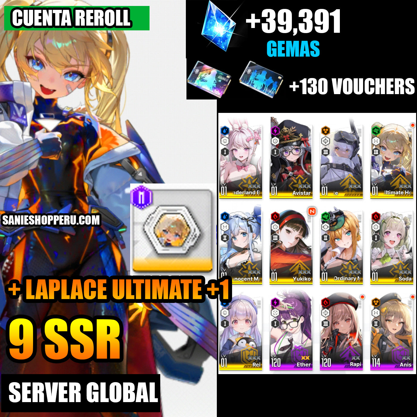 [GLOBAL] +39,391 GEMAS + 130 Vouchers💎Yukiko + Maxwell: Ordinary Mechanic + Laplace: Ultimate Hero +1 DUPE + 9 SSR |GODDESS OF VICTORY: NIKKE cuenta reroll