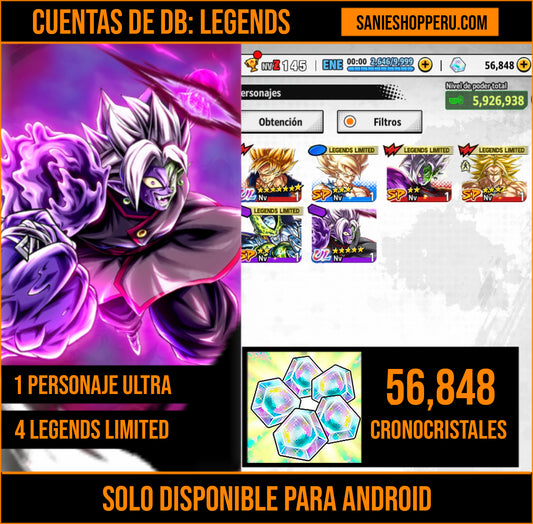 [Android] 💎 56,848 Cronocristales 💎| ⭐️ Zamasu fusionado [ULTRA] | Dragon Ball: Legends Cuenta Reroll