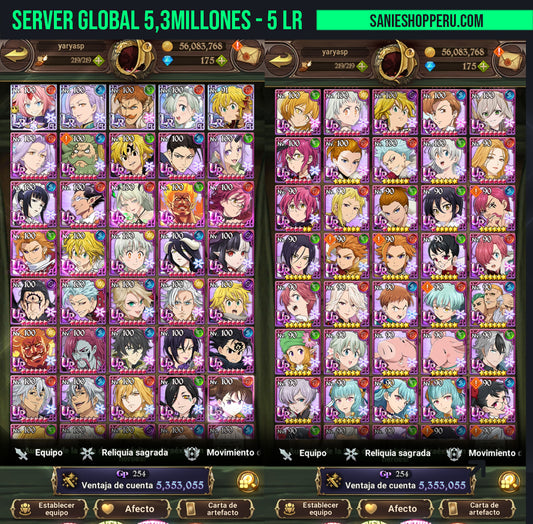 SERVER GLOBAL | 185+💎|  5LR | 5.3 millones poder | Escanor el Indomable 2/6 , Caballero errante Gowther , Arturo del Caos , Meliodas Rey Demonio 4/6 , Pesadilla Sabunak  | 20 collab