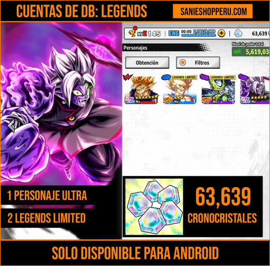 [Android] 💎 63,639 Cronocristales 💎| ⭐️ Zamasu fusionado [ULTRA] | Dragon Ball: Legends Cuenta Reroll