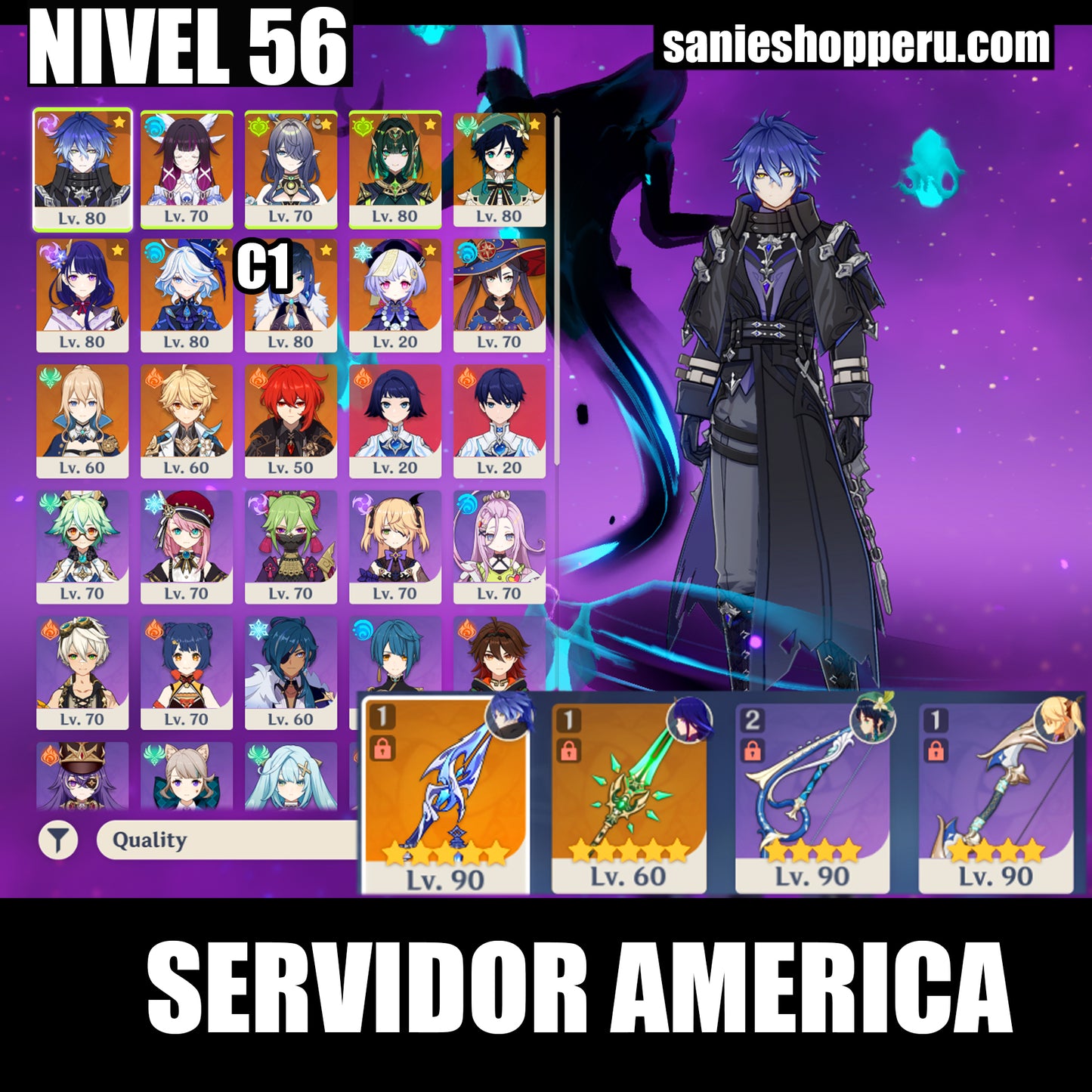 [Nivel 56] Flins + Arma ⭐️, Columbina + Lauma + Nefer + Yelan C1 + Venti + Raiden Shogun + Furina + Qiqi + Mona + Diluc + Jean