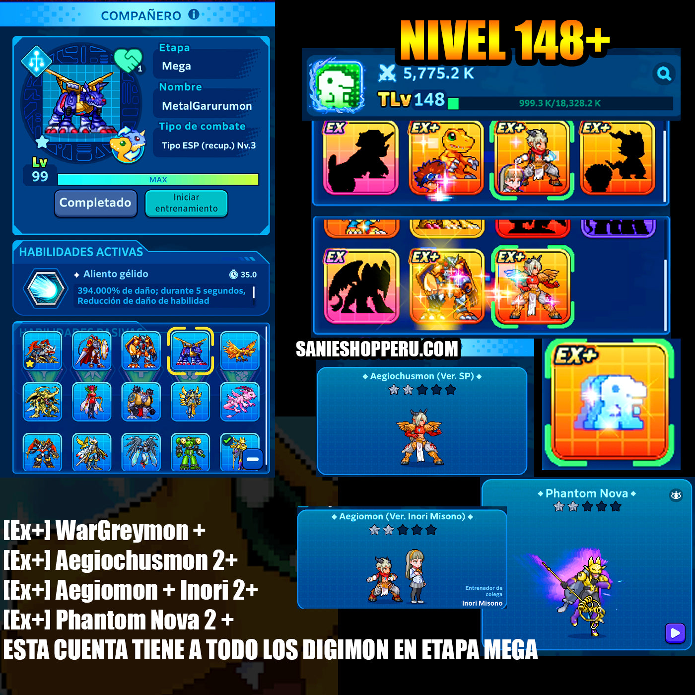 [GLOBAL] Cuenta Premium ~ Lvl 148 + | Cuenta Avanzada|[EX+] WarGreymon + [ EX+] Aegiochusmon 2+ | [EX+] Agumon + Tai + [EX+] Aegiomon + Inori 2+ | [EX+] Phantom Nova 2+