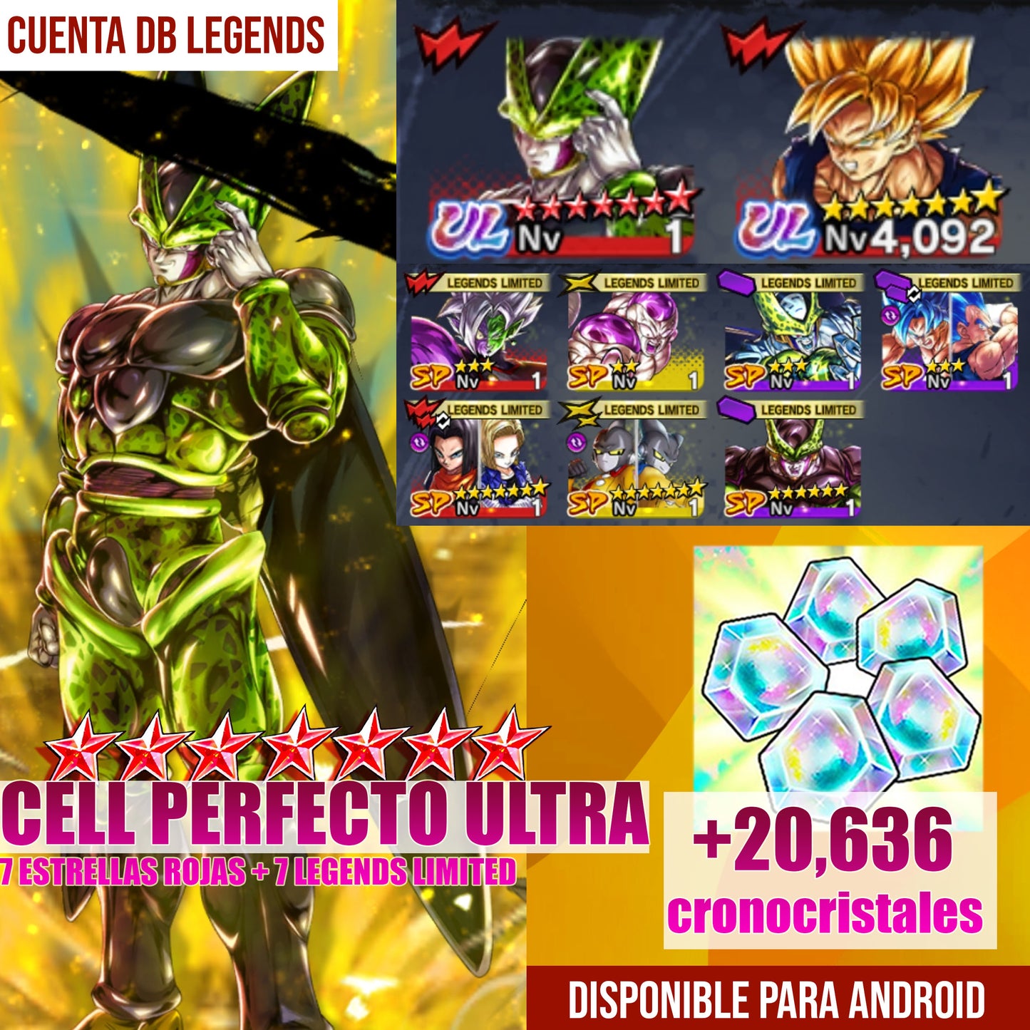 [Solo Android] ⭐️Cell Perfecto ULTRA 7 estrellas rojas⭐️ + 💎20,636 Cronocristales