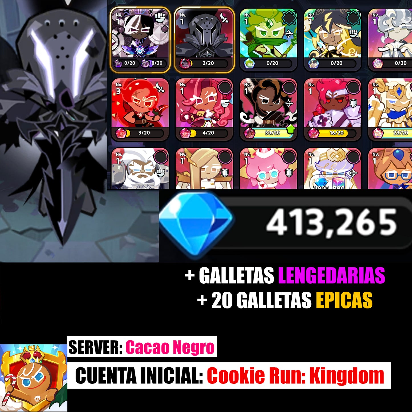 Server Dark Cacao: 400,000+ Gemas 💎 Galleta Sal Silenciosa / 20 galletas epicas / + 1000 Acortadores de galletas | Cookie Run: Kingdom Cuenta inicial Starter Reroll Account