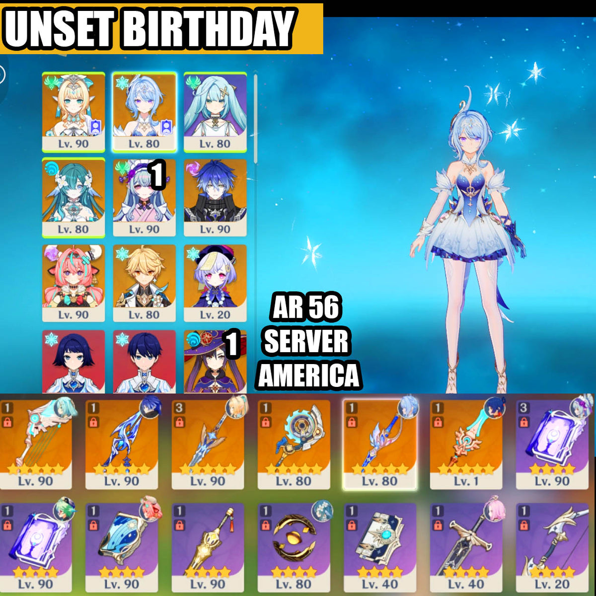 NA AR56| Odette Whitelake Frostfeather , Vesna + Vodyanitsa + Flins Bloodsoaked Ruins + Varesa + Mizuki C1 + Mona C1 + Qiqi|UNSET BIRTHDAY
