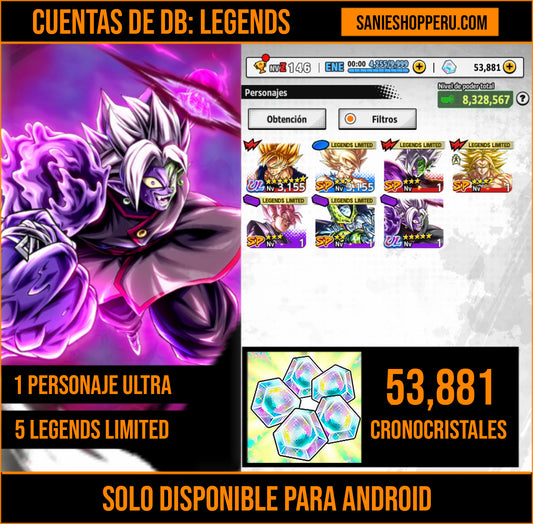 [Android] 53,881 Cronocristales 💎|  ⭐️ Mitad Corrupto Zamasu fusionado [ULTRA] | ⭐️ 5 Legends Limited | Dragon Ball: Legends Cuenta Reroll