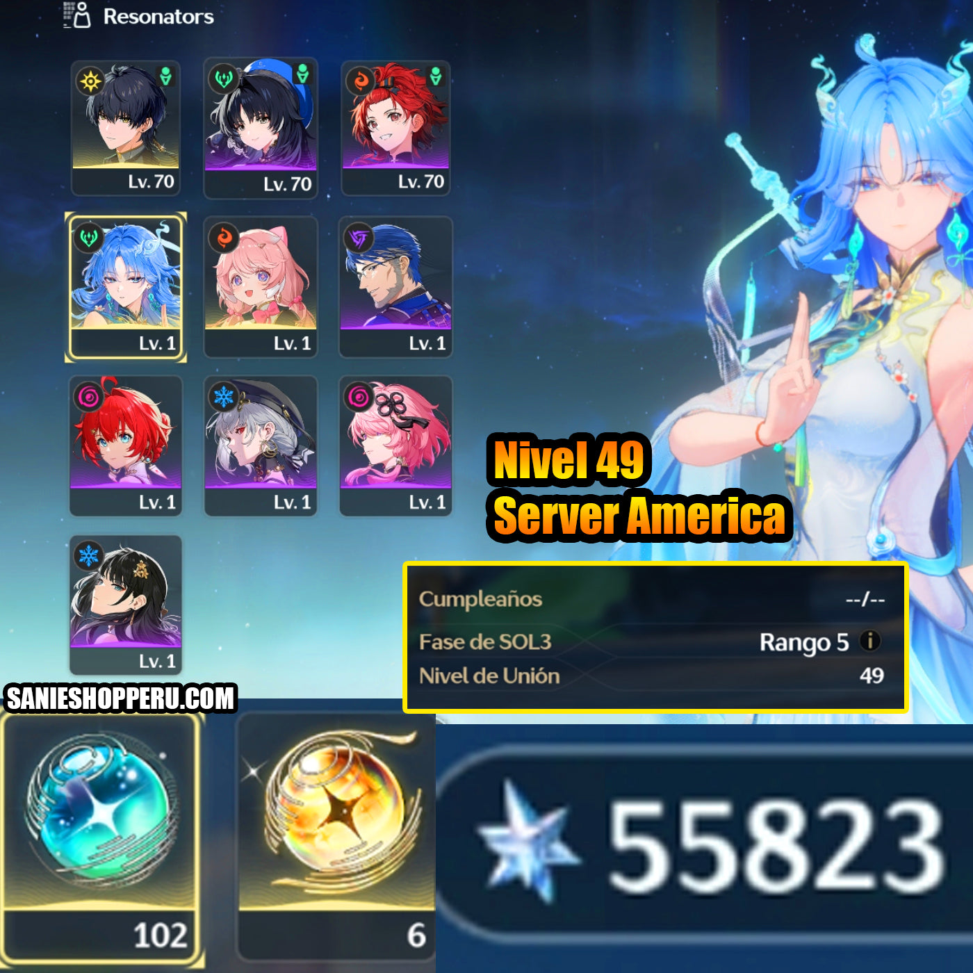 AMERICA|Lvl 49| + 55823 Astritas + Qingxiao + Encore|Cumpleaños libre|Wuthering Waves CUENTA REROLL