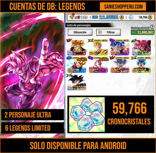 [Android] 59,766 Cronocristales 💎|  ⭐️ Pre-ultrainstinto Goku + Supersaiyajin rosa Goku Oscuro | ⭐️ 7 Legends Limited | Dragon Ball: Legends Cuenta Reroll