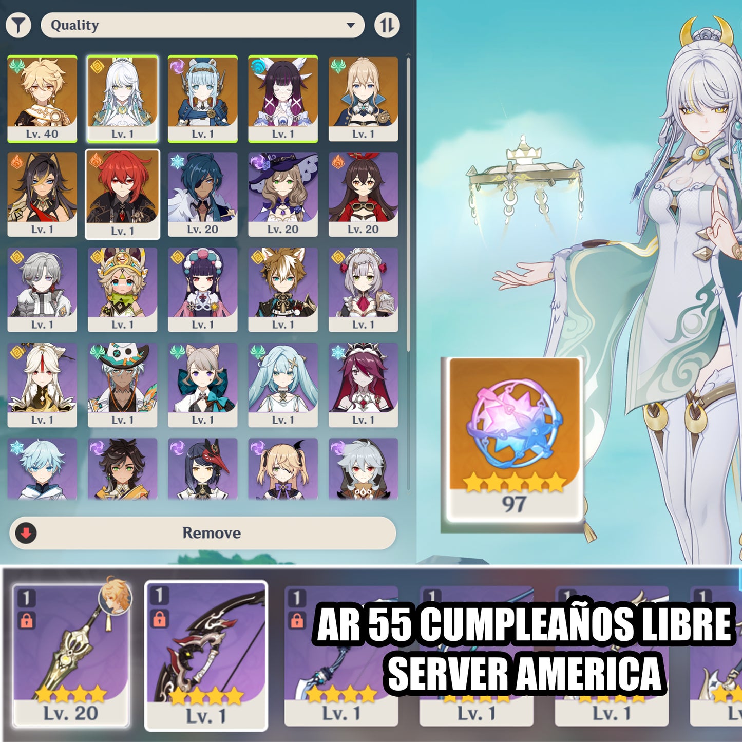 (REROLL + CUMPLEAÑOS LIBRE) Nivel 55 + Columbina + Zibai + Ineffa + Jean + Diluc + Dehya + 97 Destinos Entrelazados ✨
