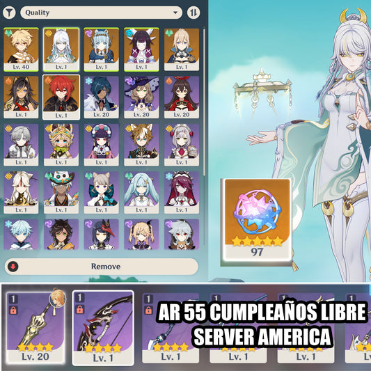 (REROLL + CUMPLEAÑOS LIBRE) Nivel 55 + Columbina + Zibai + Ineffa + Jean + Diluc + Dehya + 97 Destinos Entrelazados ✨