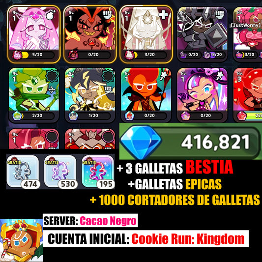 Server Dark Cacao: 400,000+ Gemas 💎Galleta Azúcar Eterna + Galleta Especia Ardiente + Galleta Harina Mística/ 20 galletas epicas / + 1000 Acortadores de galletas | Cookie Run: Kingdom Cuenta inicial Starter Reroll Account