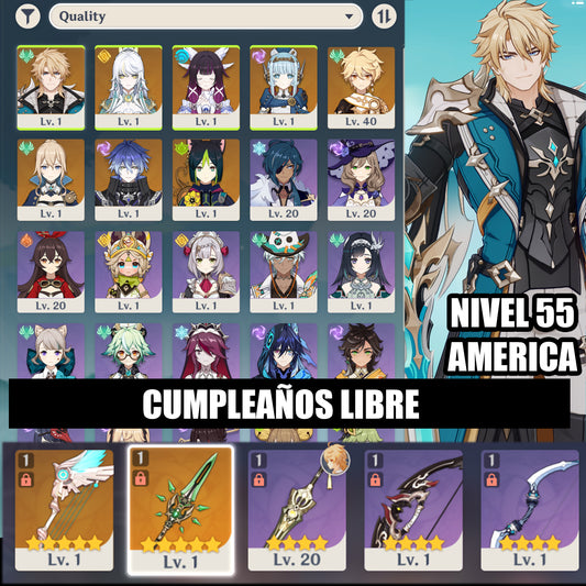 (REROLL + CUMPLEAÑOS LIBRE) Nivel 55 + Varka + Zibai + Columbina + Ineffa + Flins + Jean +  Tighnari