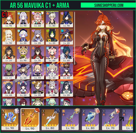[Nivel 56] Mavuika C1 + Arma + Citlali + Arma + Clorinde + Mona + Tighnari + Qiqi + Keqing + Dehya