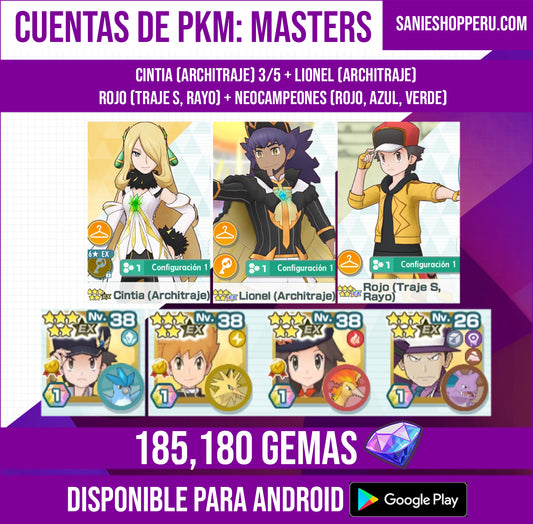 [Android] ✨ Cintia 3/5 (Architraje) + Lionel (Architraje) + Rojo (Traje S, Rayo) + Neocampeones (Rojo, Azul, Verde) + 💎185,180 Gemas💎
