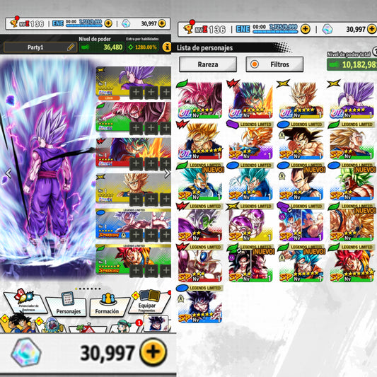 #3 [Solo Android] 30,997 Cronocristales 💎| ⭐️Bestia Gohan [ULTRA] + Majin Vegeta [ULTRA] + Goku Black Rosé [ULTRA] + Supersaiyajin dios SS Vegetto [ULTRA] + Goku Pre-Ultra Instinto (LL) + 15 LL