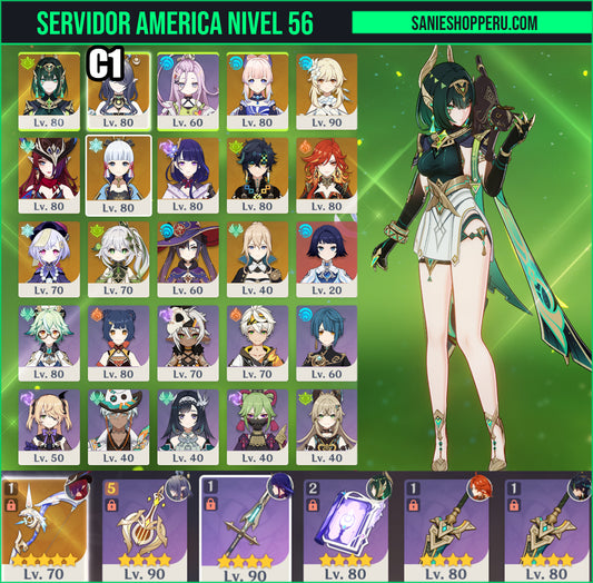 [AR 56] ⭐️ Nefer + Lauma C1 + Kokomi + Chasca + Ayaka + Raiden Shogun + Kinich + Mavuika + Nahida   — Cuenta Genshin Impact