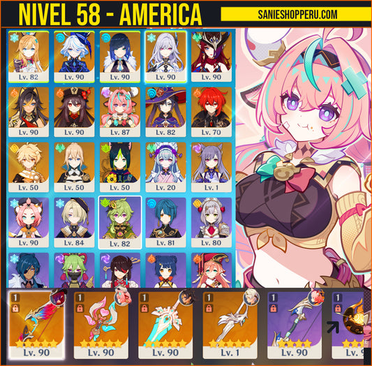 [Nivel 58] Varesa + Arma+ Skirk + Escoffier + Furina + Chasca +Arma + Yelan + Hu Tao + Mona + Tighnari C1 + Dehya + Keqing + Mizuki + Jean