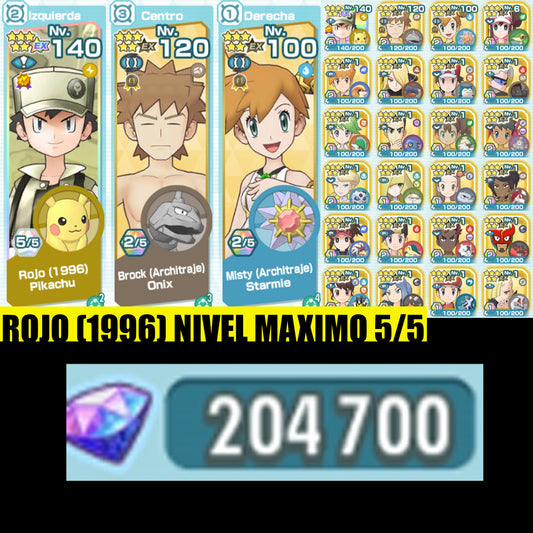 [CUENTA INICIAL - ANDROID] +204 700 Gemas💎 Rojo 1996 6★EX NIVEL MOVIMIENTO MAXEADO 5/5+ Brook Architraje 2/5 + Misty Architraje 2/5 + 56 COMPIS| Pokémon Pokemon Masters EX