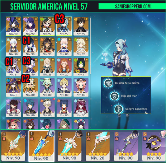[Nivel 57] | Eula C3 + 0da de los Pinos , Xilonen C2 + Yelan C1 + Raiden Shogun + Zhongli + Ayaka + Emilie + Clorinde + Kokomi + Ayaka + Aloy + Keqing C1 + Qiqi C3 + Dehya + Mona + Tighnari + Jean + Skyward Spine + Skyward Harp + Skyward Pride