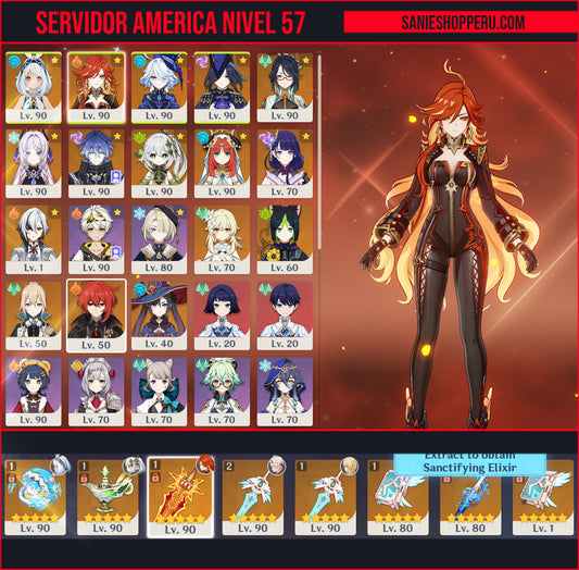 [AR 57] ⭐️Mualani + Arma + Mavuika + Arma + Nahida + Arma + Furina + Arma + Clorinde + Xianyun + Citlali + Flins + Nilou + Raiden Shogun + Arlecchino   — Cuenta Genshin Impact