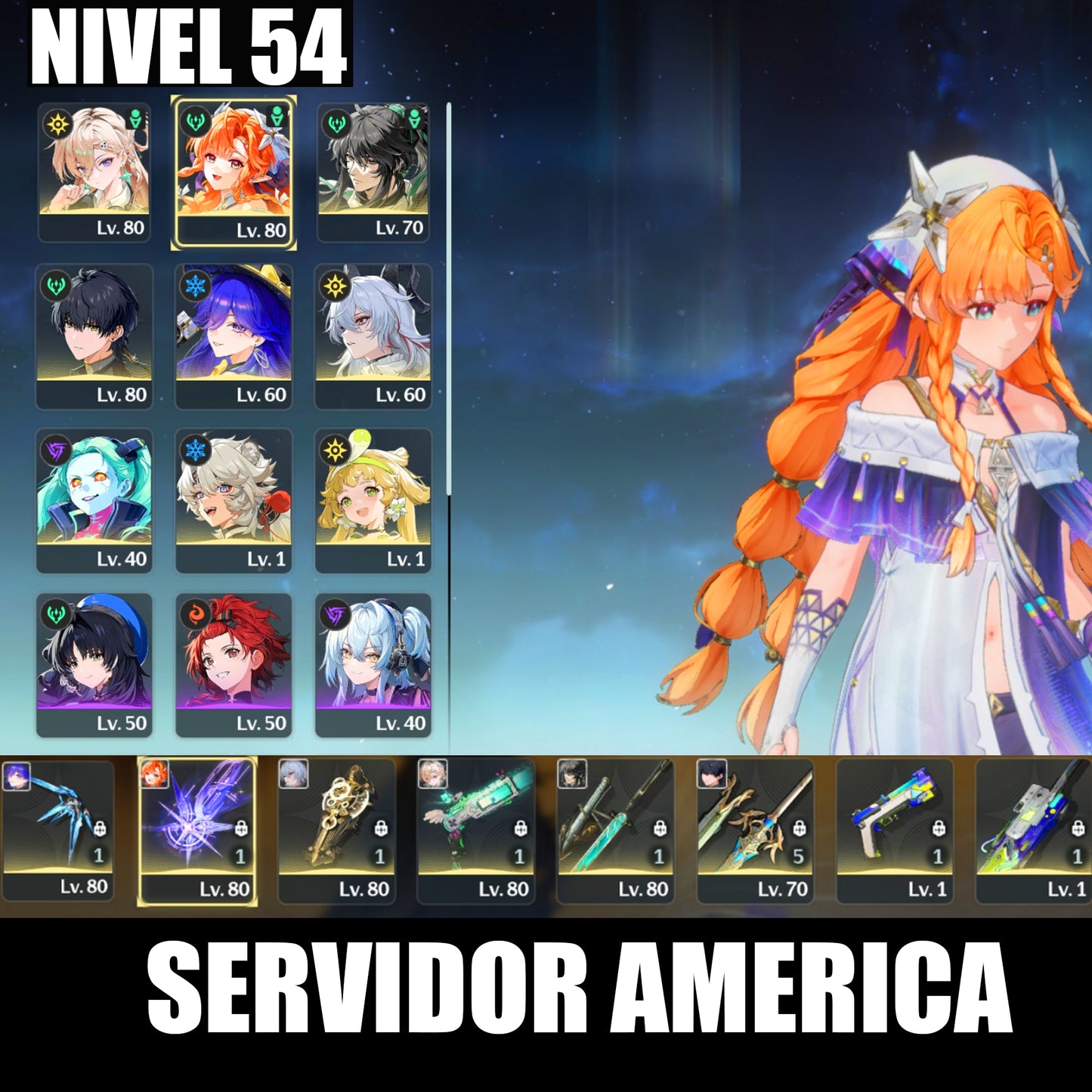 [Nivel 54] Sigrika + Arma 5⭐️, Lucilla + Lynae + Arma 5⭐️, Zani + Arma 5⭐️, Qiuyuan + Arma 5⭐️, Verina + Lingyang