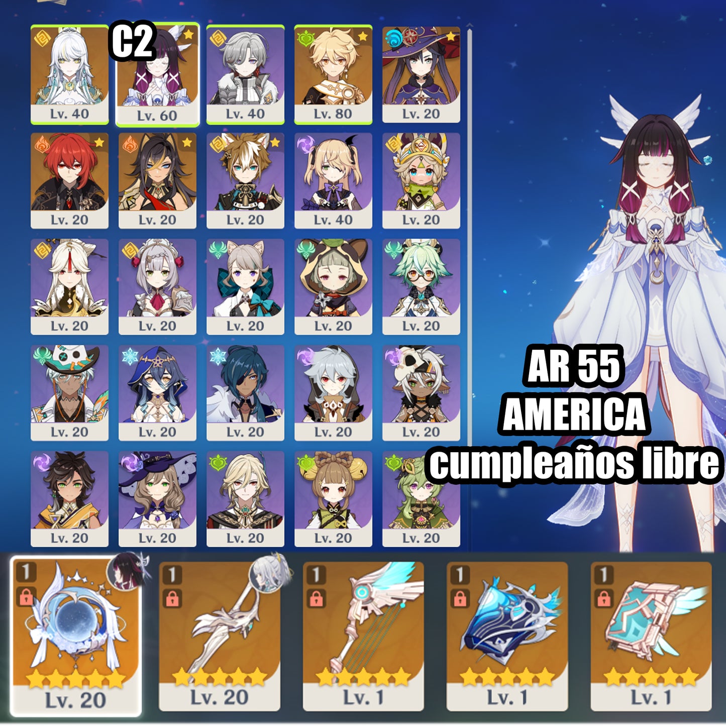 (REROLL + CUMPLEAÑOS LIBRE) Nivel 55 + Columbina C2+ ARMA , Zibai , mona, diluc, dehya