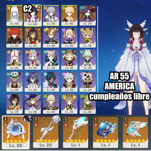 (REROLL + CUMPLEAÑOS LIBRE) Nivel 55 + Columbina C2+ ARMA , Zibai , mona, diluc, dehya