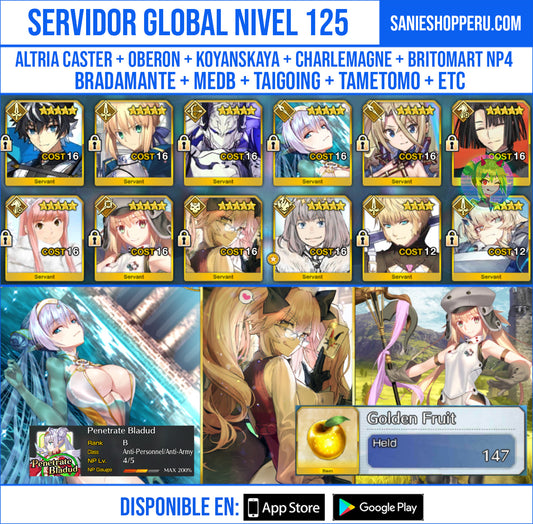 Cuenta FGO GLOBAL 🌍 | Altria Caster, Oberon, Koyanskaya, Charlemagne, Britomart NP4 🔥 + Bradamante, Medb, Taigong, Tametomo | Historia avanzada