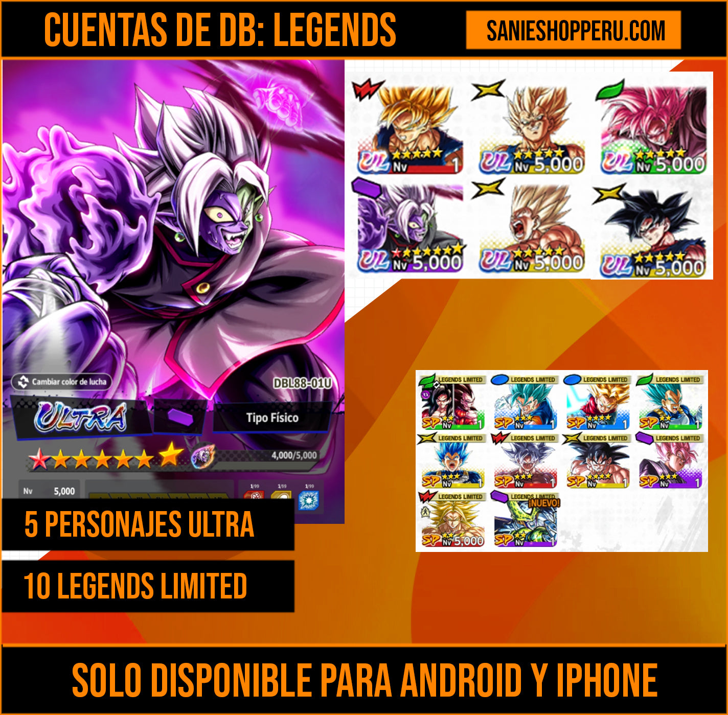[Android & Iphone] 5 ULTRAS⭐️Zamasu Fusionado 1 estrella roja ULTRA +Pre Ult Goku ULTRA + Supersaiyajin Goku ULTRA + Majin Vegeta Ultra + Ssj Rosa Goku ULTRA + 10 LL