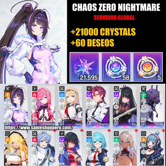 [GLOBAL]  Lvl 53| 21,607 Crystals 💎 + Hilde + Tenebria + Haru + Kayron + Rin + Hugo + Orlea + 60 deseos| Chaos Zero Nightmare Cuenta reroll