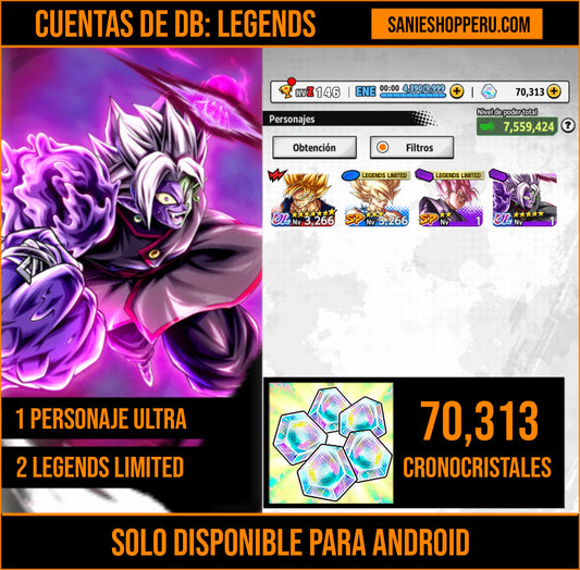 [Android] 70,313 Cronocristales 💎|  ⭐️ Mitad Corrupto Zamasu fusionado [ULTRA] | ⭐️ 2 Legends Limited | Dragon Ball: Legends Cuenta Reroll