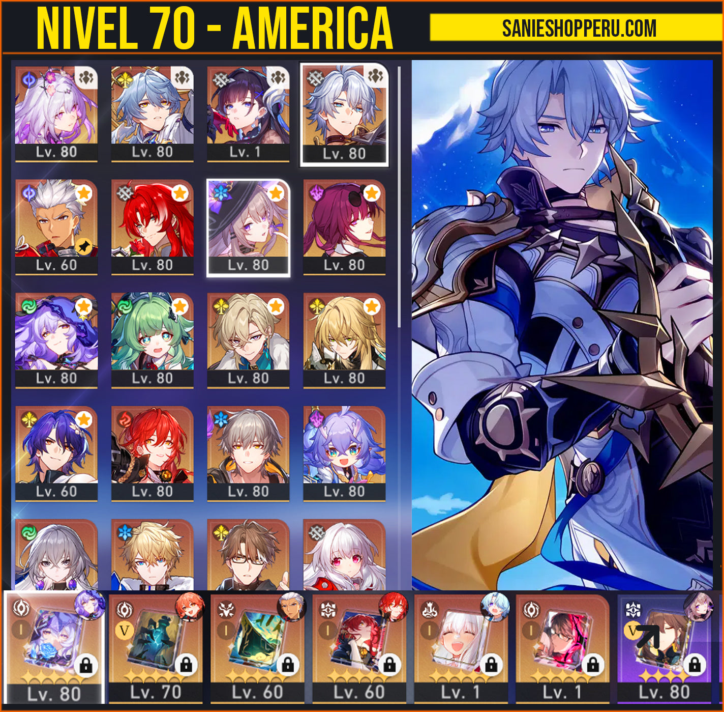 [Nivel 70] Fainon + Sunday + Castorice + Hysilens + The Herta + Kafka + Black Swan +Cono , Aventurine + Argenti + Huohuo + Luocha + Archer + Dr Ratio + Bronya E2 + Himeko E2 + Gepard E1 + Welt + Bailu + Clara