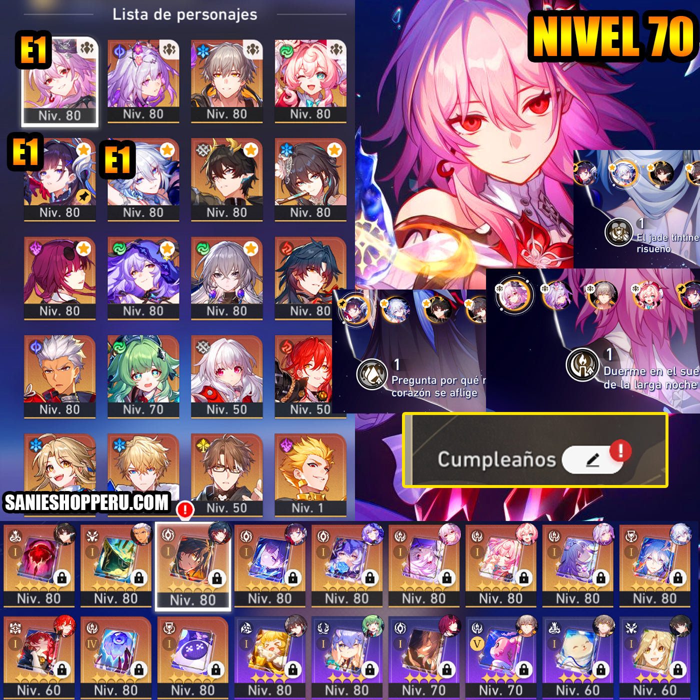 NA[Lvl 70 + Cumpleaños Libre] Yao Guang E1 + Cono , Mortenax Blade + Cono , Hyacine + Cono , Castorice + Cono , Larganoche E1 + Cono , Hysilens E1 + Cono , Cisne Negro + Cono , Ruan Mei + Archer + Huohuo + Kafka + Dan Heng Permansor Terrae + Gilgamesh +